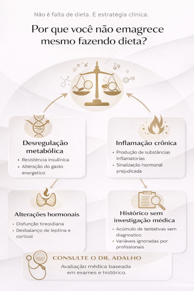 Infográfico sobre por que uma pessoa não emagrece mesmo fazendo dieta, mostrando desregulação metabólica, inflamação crônica, alterações hormonais e falta de investigação médica, com orientação para consultar o Dr. Adalho.